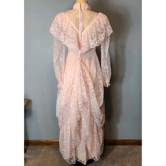 Vintage 70s Victorian Cottagecore Pink Lace Flounce Sleeve Prairie Maxi Dress S - Picture 14 of 16